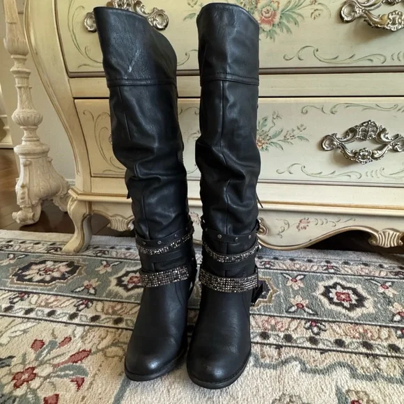 Not Rated Stacey High Harness Slouchy Boots Rhinestone Straps And Buckles - Picture 10 of 16